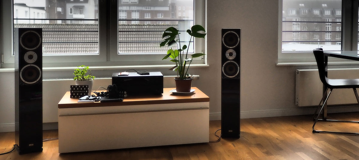 HECO floor-standing speakers in a living room
